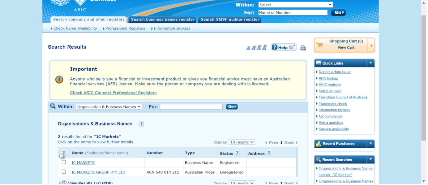 Checking IC Markets is regulated on ASIC database