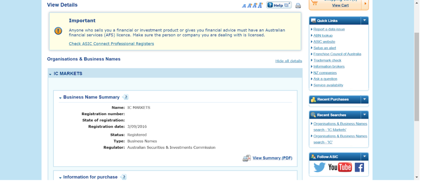 ASIC Connect result of searching IC Markets broker