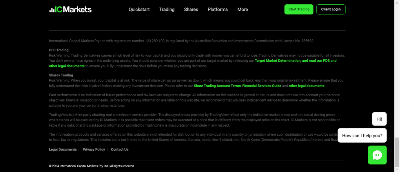 IC Markets website footer showing ASIC license details