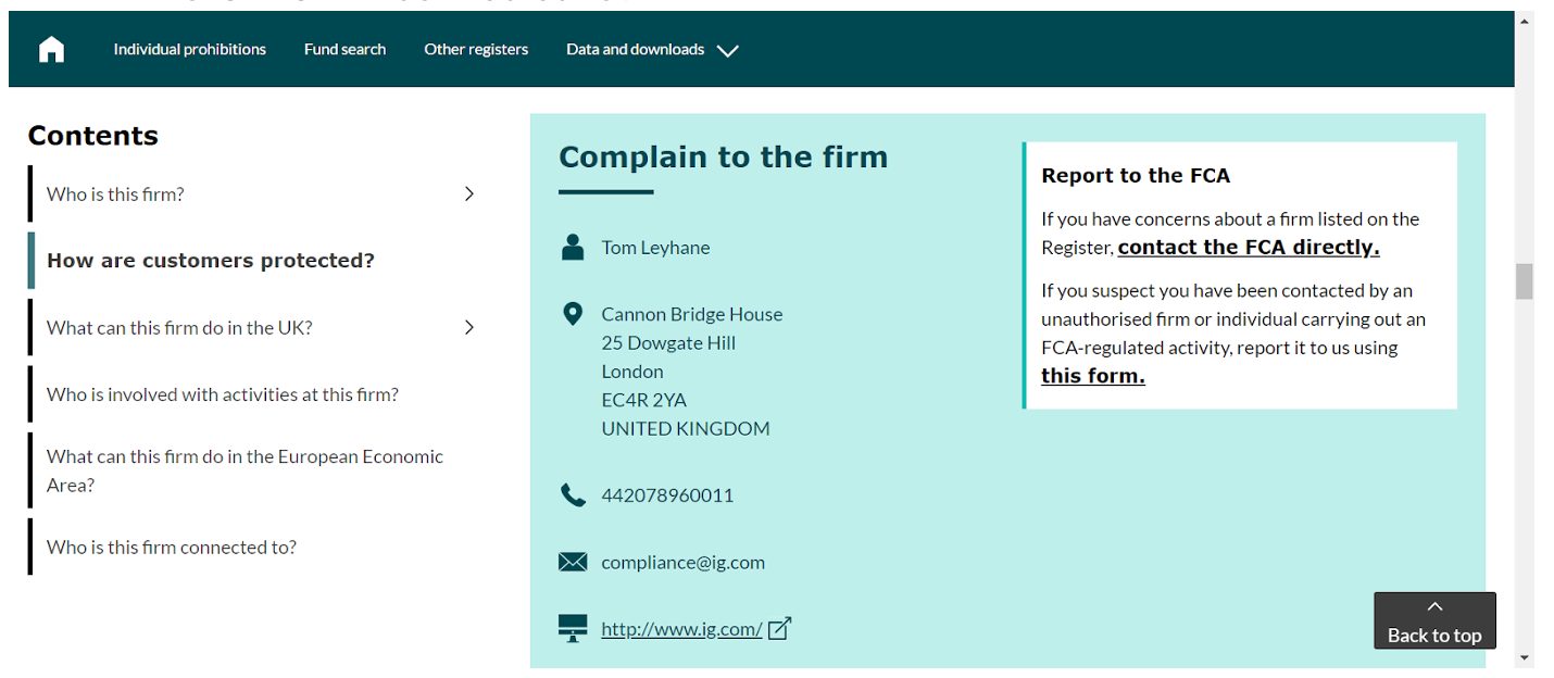 Complaints section of FCA database for IG broker