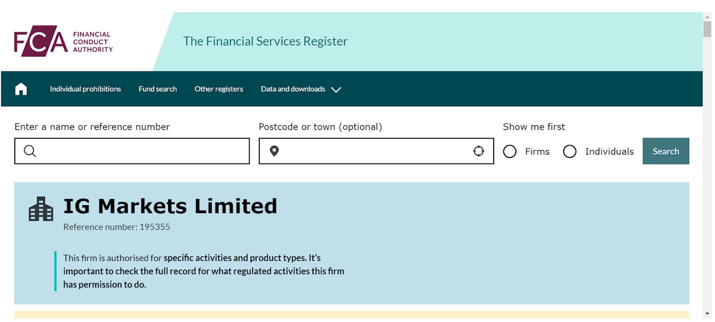 Results of putting IG through the FCA's database or authorised brokers