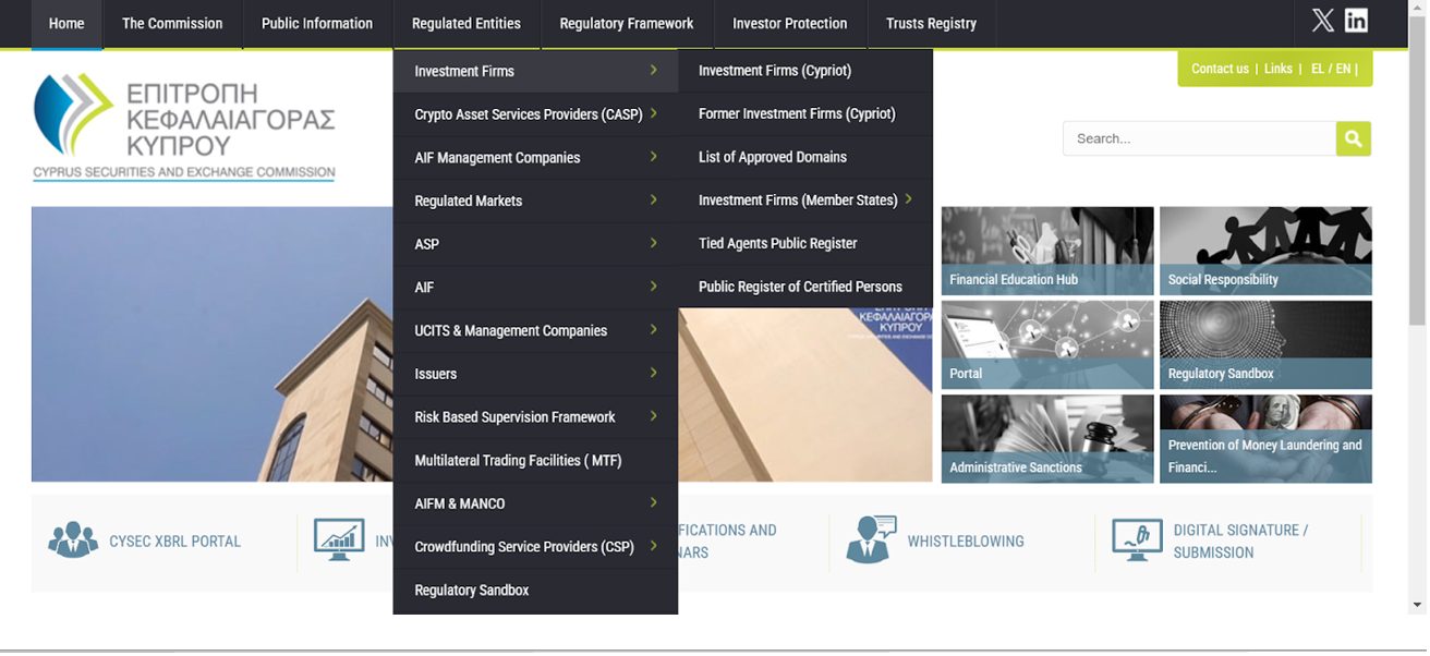 Navigating to Regulated Entities on CySEC website