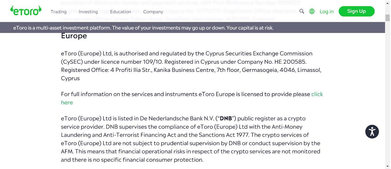 eToro website footer showing CySEC details