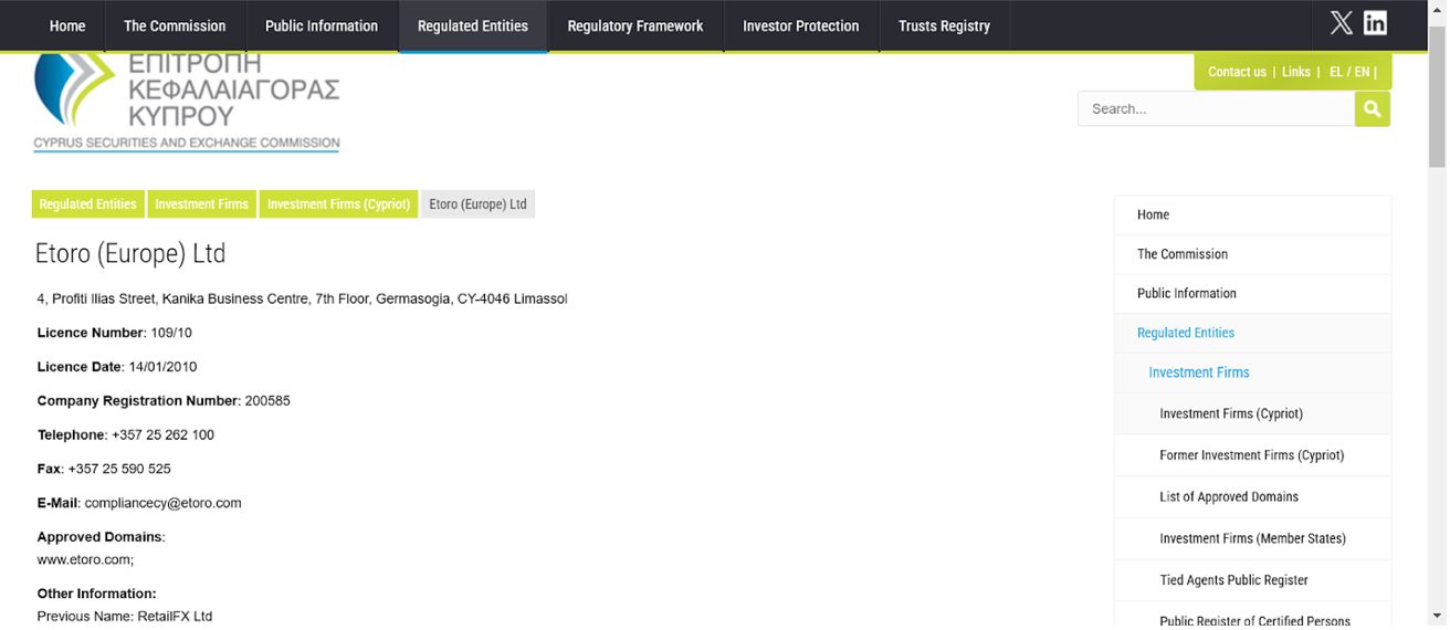 Search results for eToro in regulated broker database