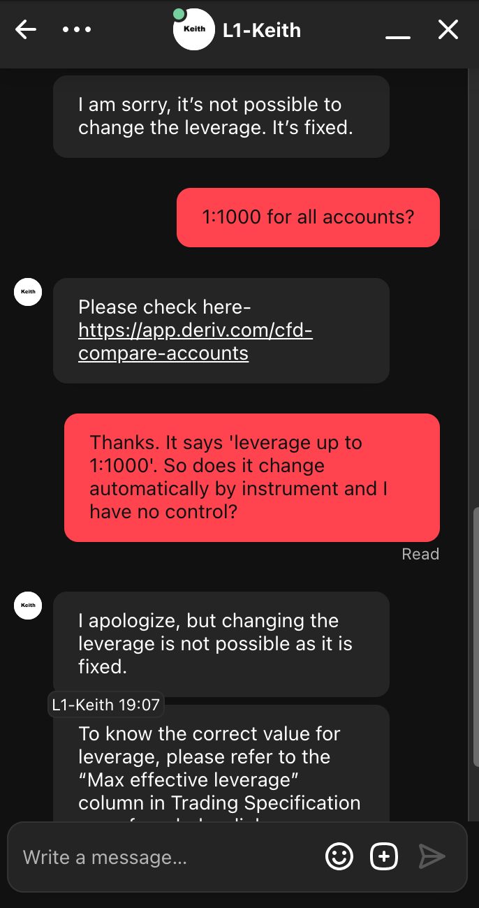 Conversation with Deriv broker's support team on live chat