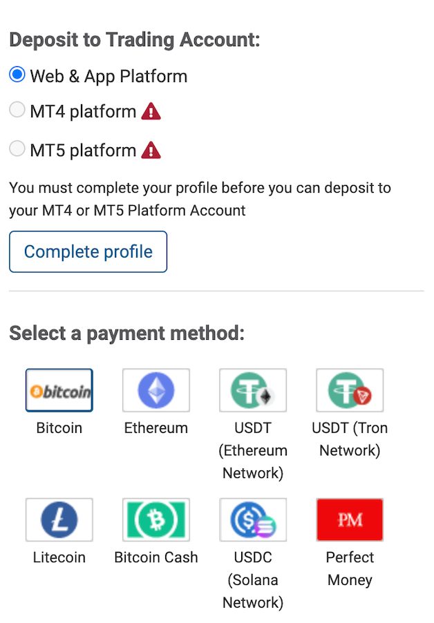 Making a deposit in easyMarkets cashier portal