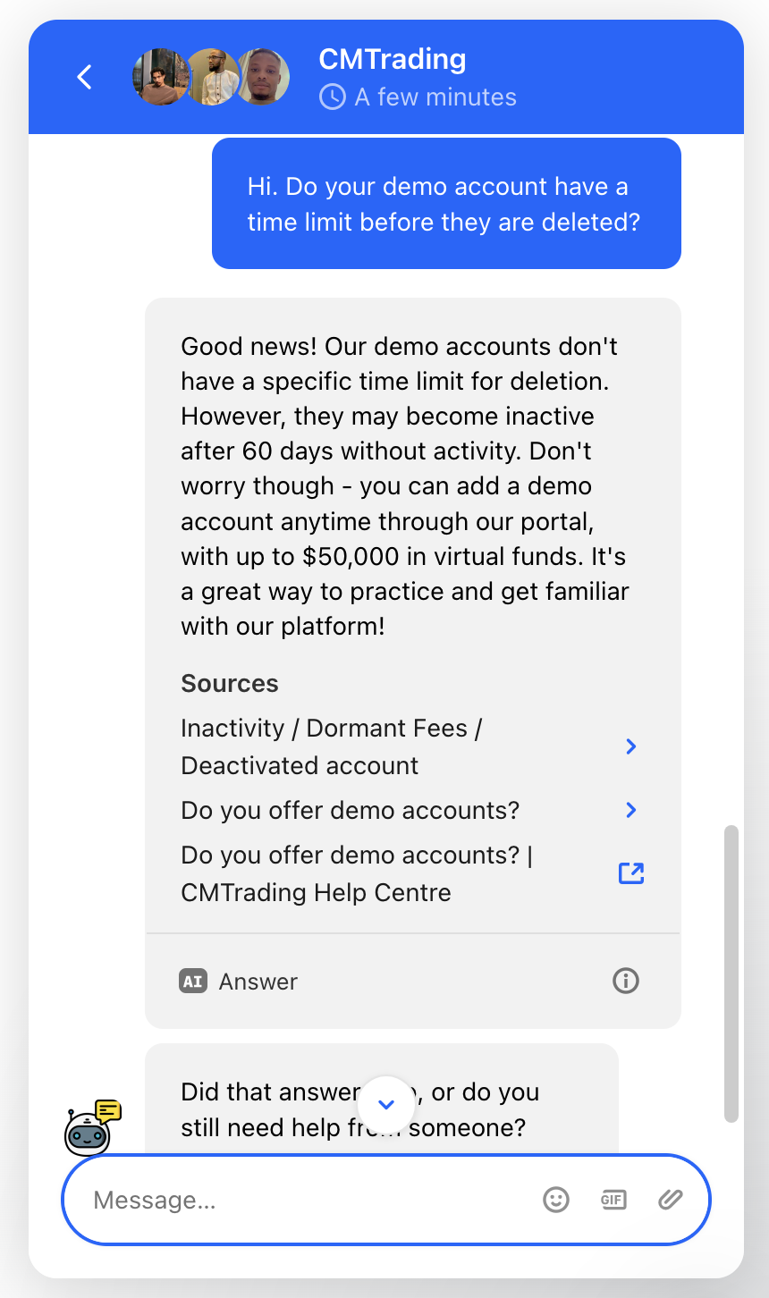 Live chat conversation at CMTrading