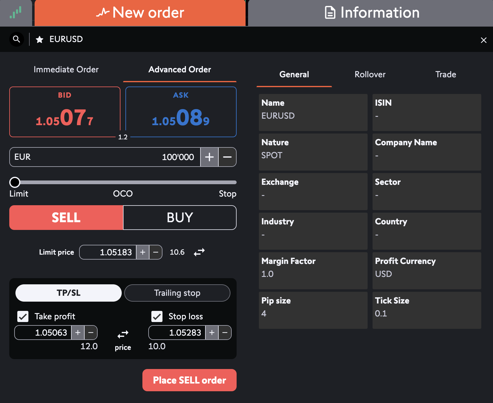 New order panel on the Swissquote trading platform