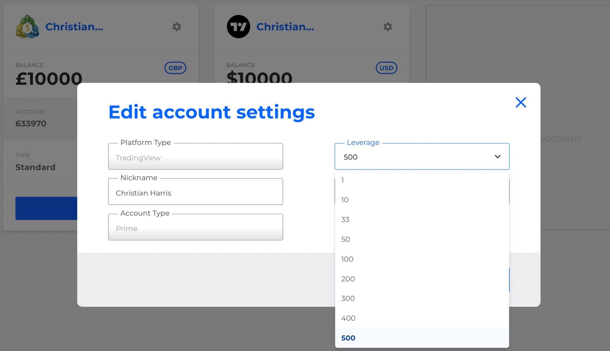 Amending leverage in Blackbull account settings