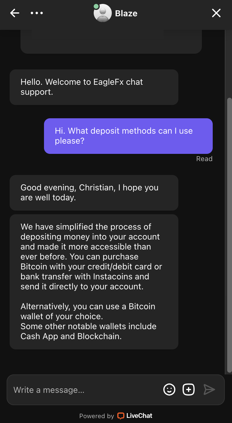 Conversation with live chat support at EagleFX