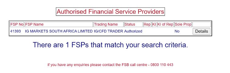 IG Markets South Africa showing on FSCA database search