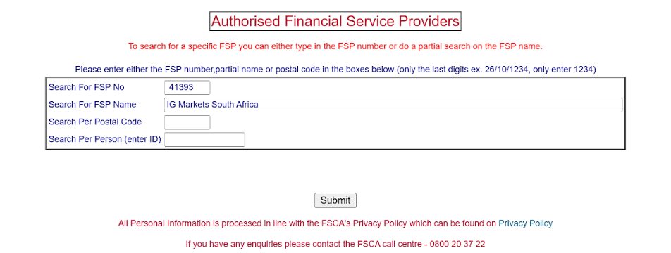 Entering IG broker details in South Africa's FSCA regulated entities databse