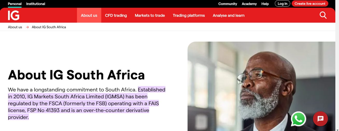 IG South Africa website showing FSP number