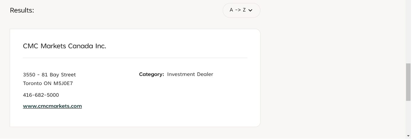 Results of searching CMC Markets trading platform in CIRO database