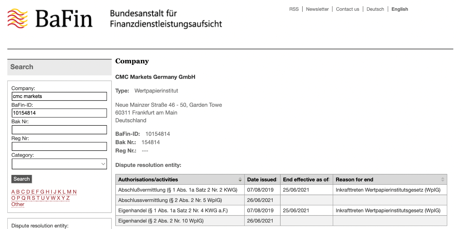 Using BaFin database to confirm CMC Markets is regulated