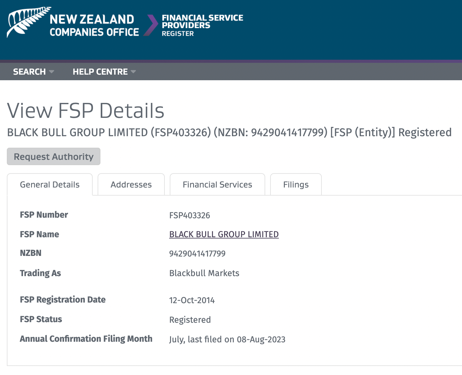 FMA database showing that BlackBull Markets broker is authorized in New Zealand
