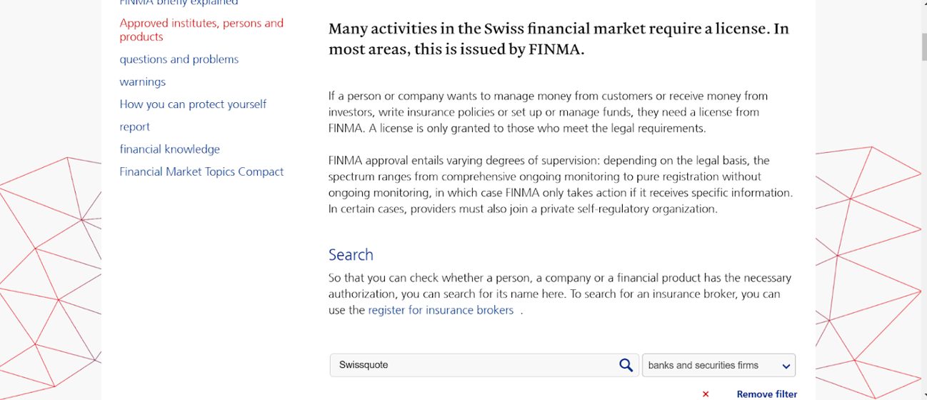 Searching for Swissquote broker on FINMA database