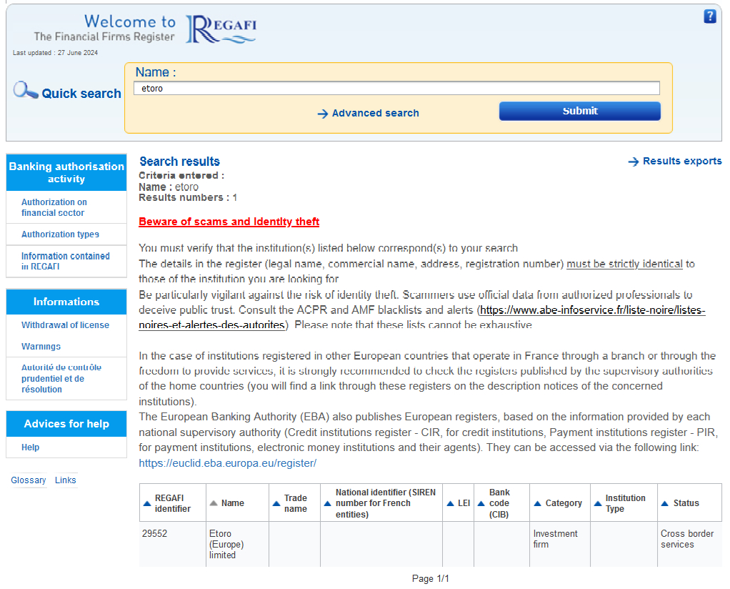 eToro authorization on French AMF database