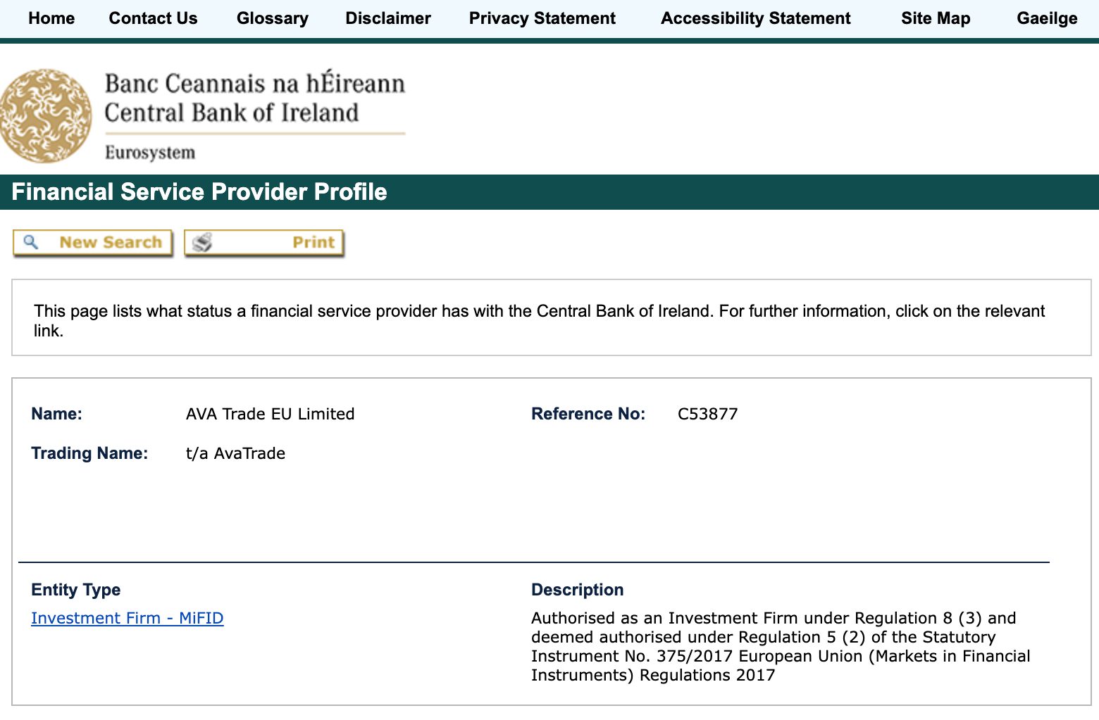 AvaTrade license details at Ireland's regulator