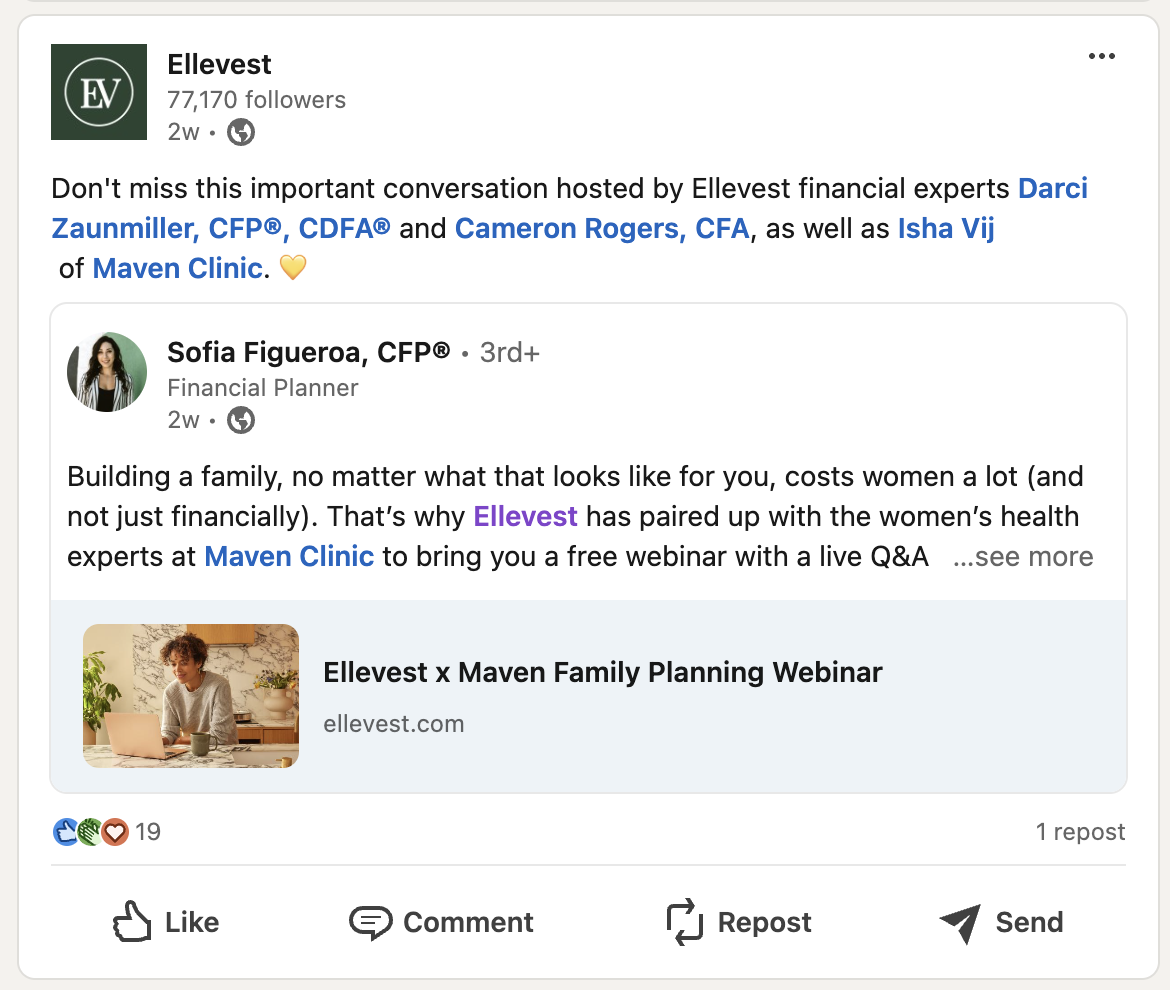 Ellevest LinkedIn social feed showing financial planning webinar