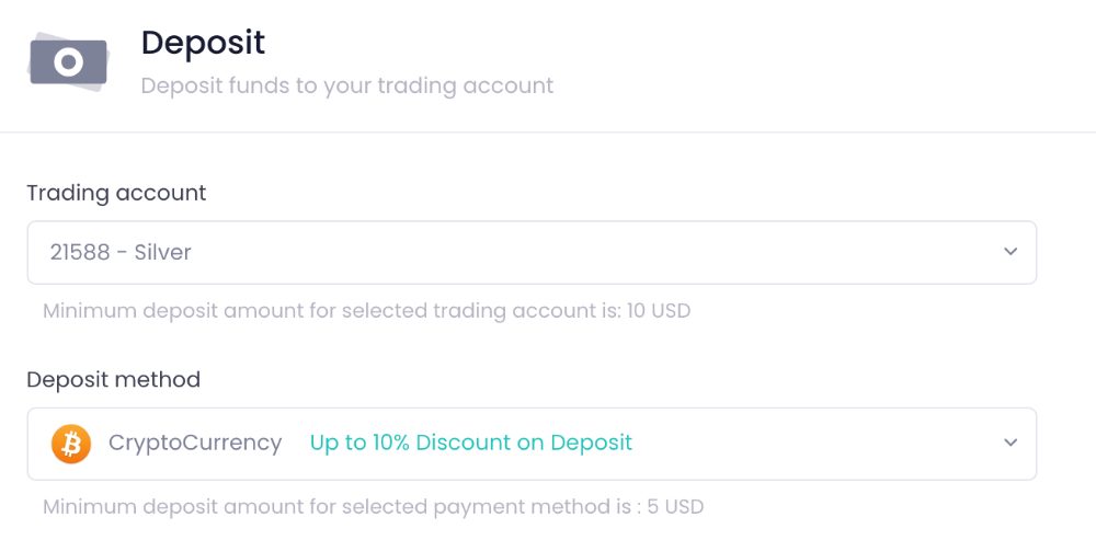 Deposit portal on Capitalcore trading platform