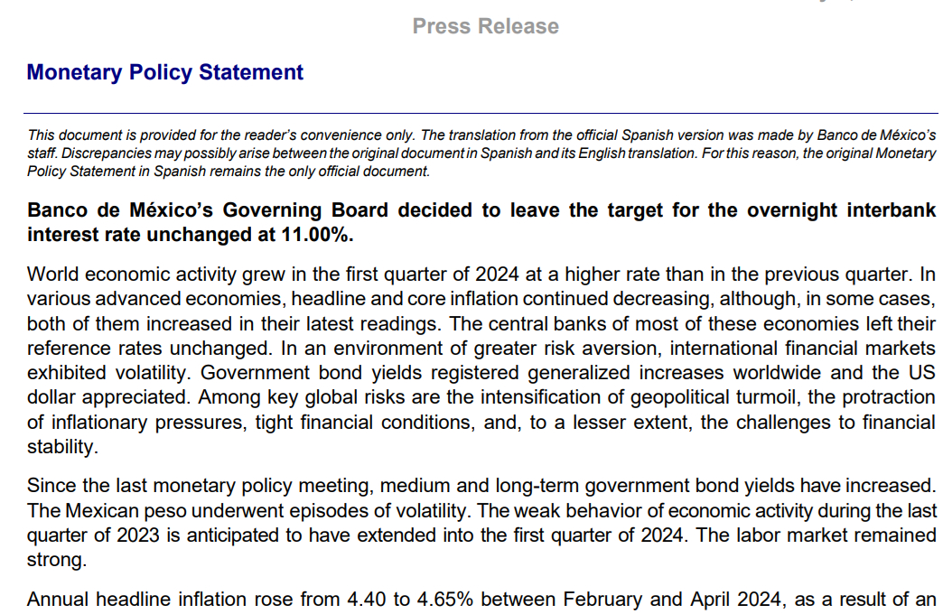 Policy announcement from Mexican central bank that may impact peso value