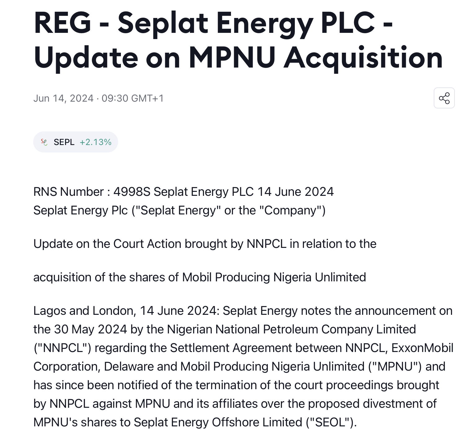 Announcement about Nigerian Seplat Energy MPNU acquisition 