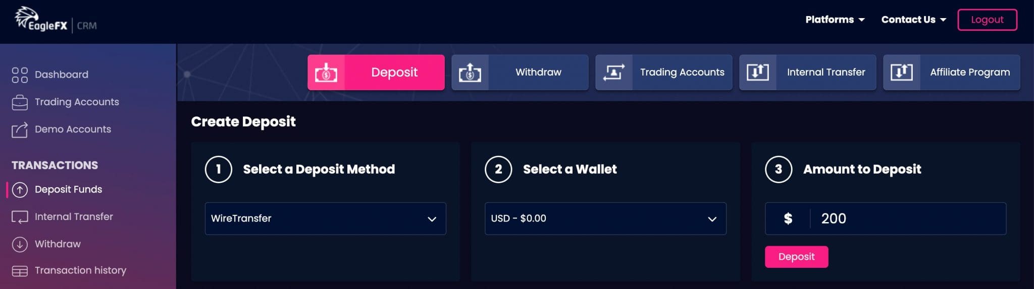 Client area of unlicensed forex platform, EagleFX