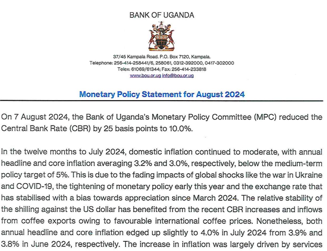 Bank of Uganda monetary policy statement used a for short-term trade