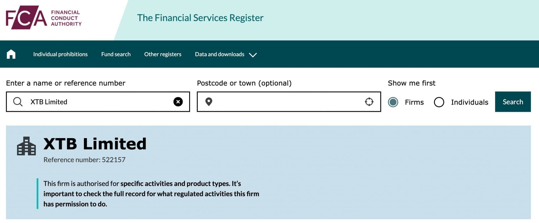 XTB FX broker listed on UK's regulator database