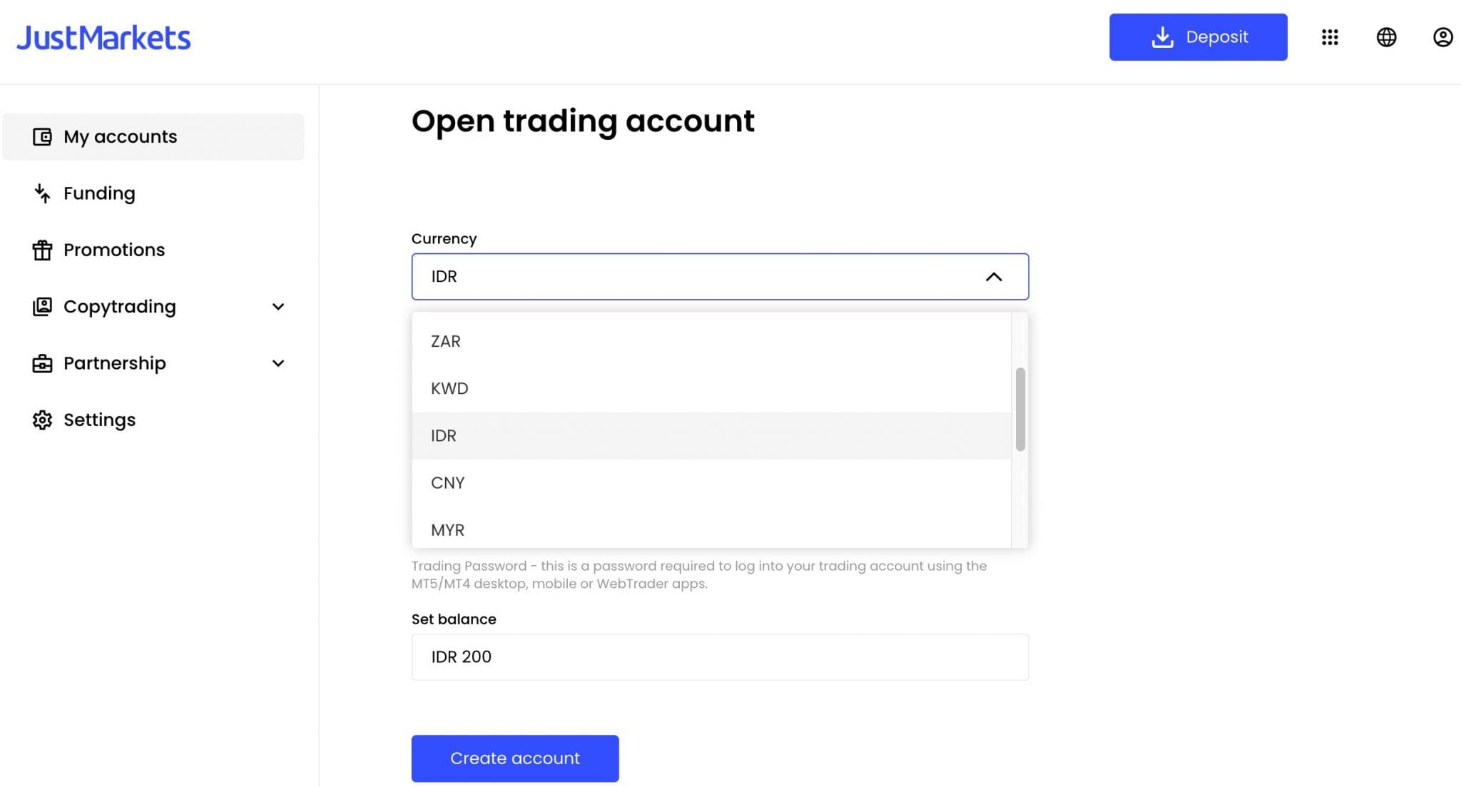 Setting up an IDR trading account at JustMarkets broker