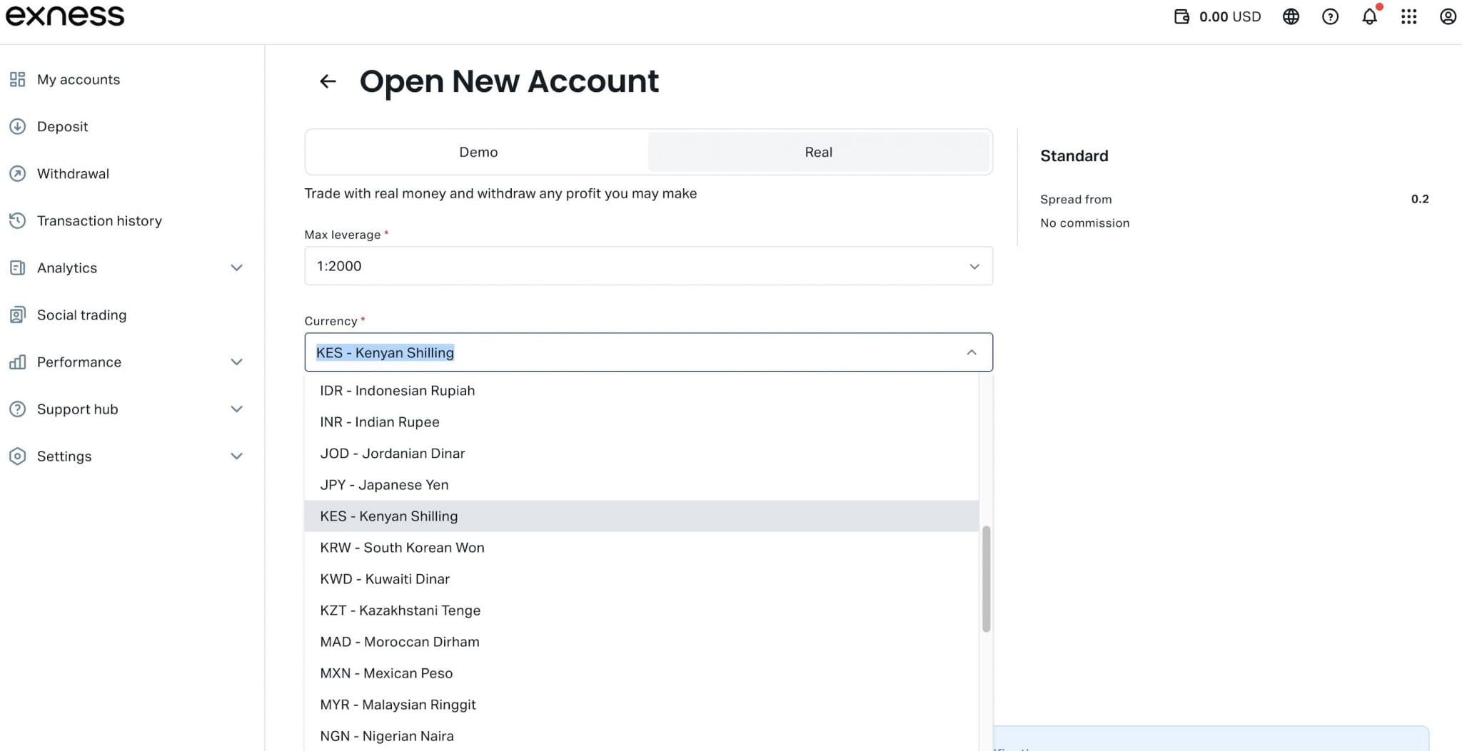 Opening a KES trading account at Exness broker