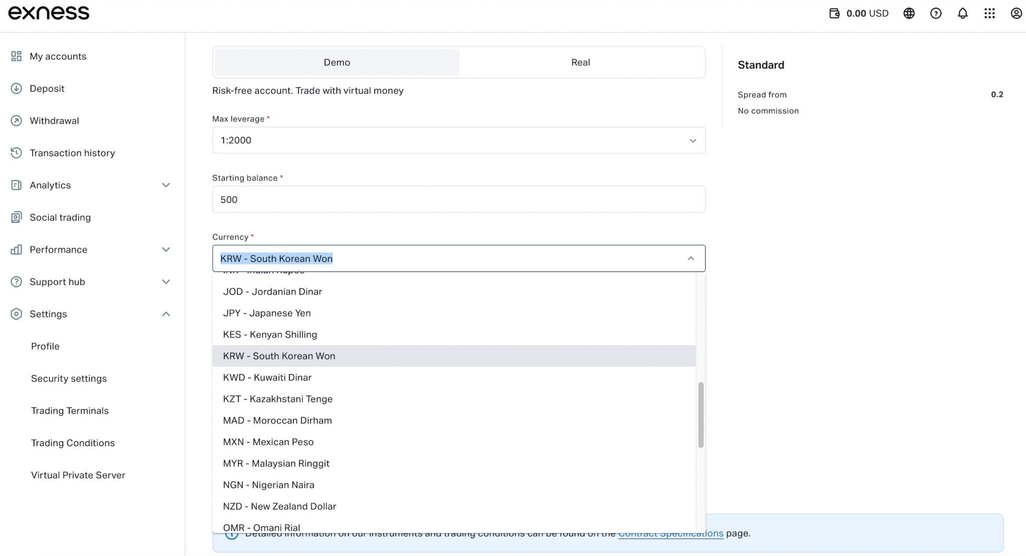 Configuring an Exness trading account to have Korean won as a base currency