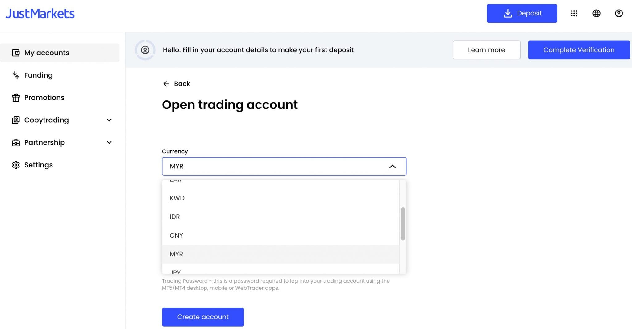 Setting up a MYR-based trading account at JustMarkets broker