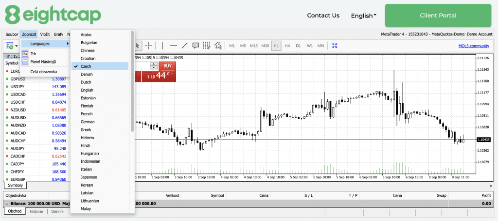 MT4 trading platform in Czech at Eightcap