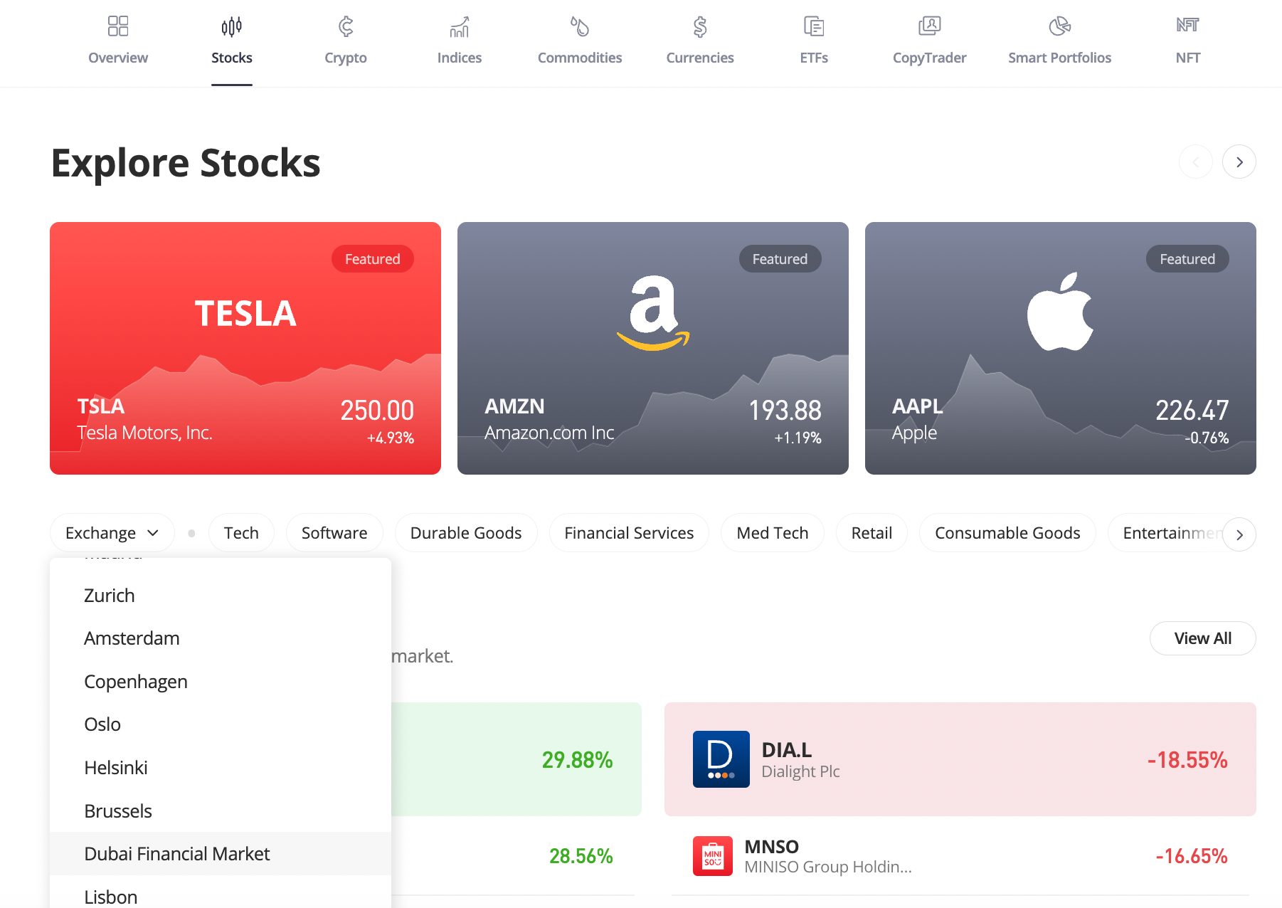 Filtering for DFM-listed stocks on eToro's trading platform