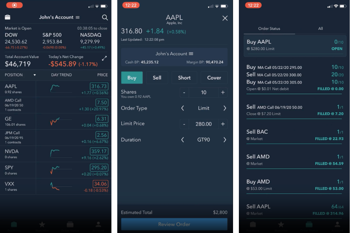 Mobile investment app at Firstrade, showing how to place a stock order