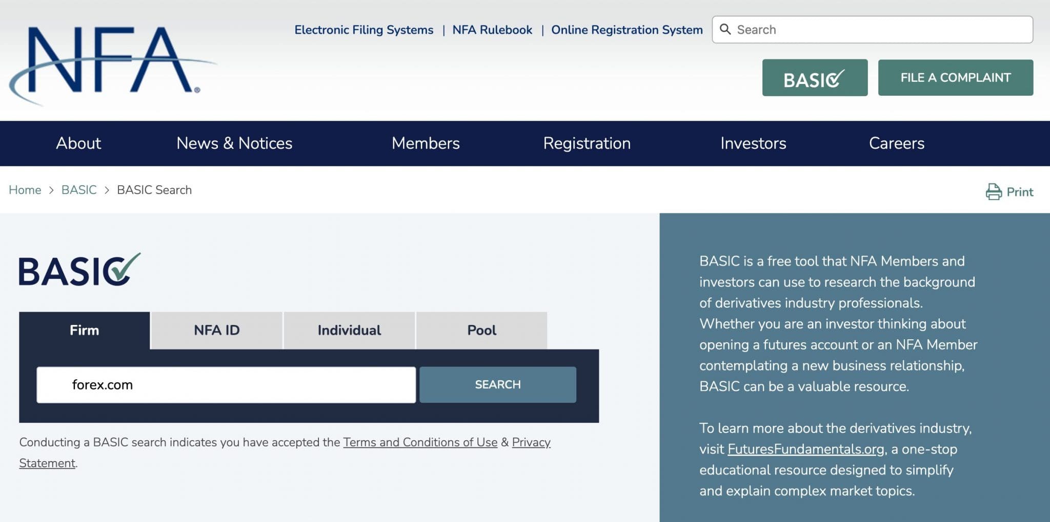 Running a broker's details through the NFA database