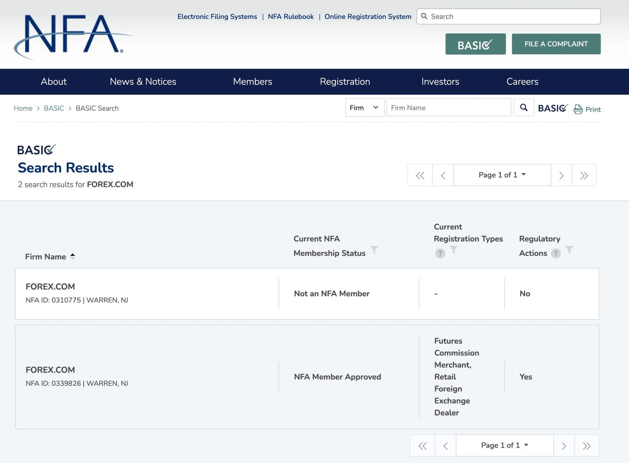 Checking FOREX.com's regulation details on the NFA database