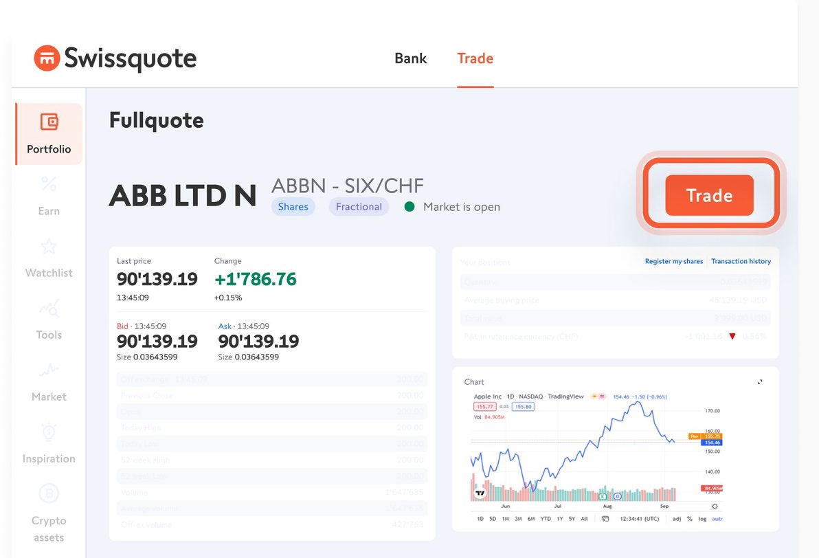 Trading fractional shares in Apple on Swissquote platform