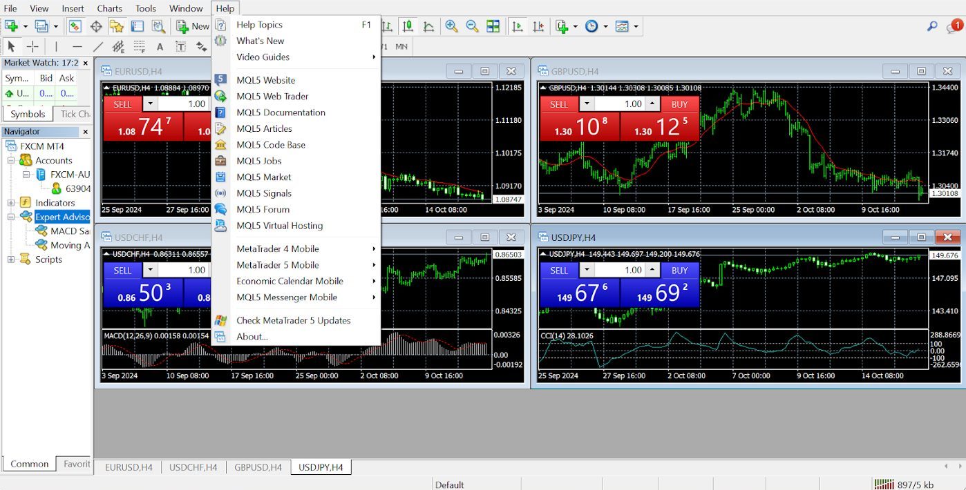 Navigating to copy trading feature on MetaTrader 4 platform