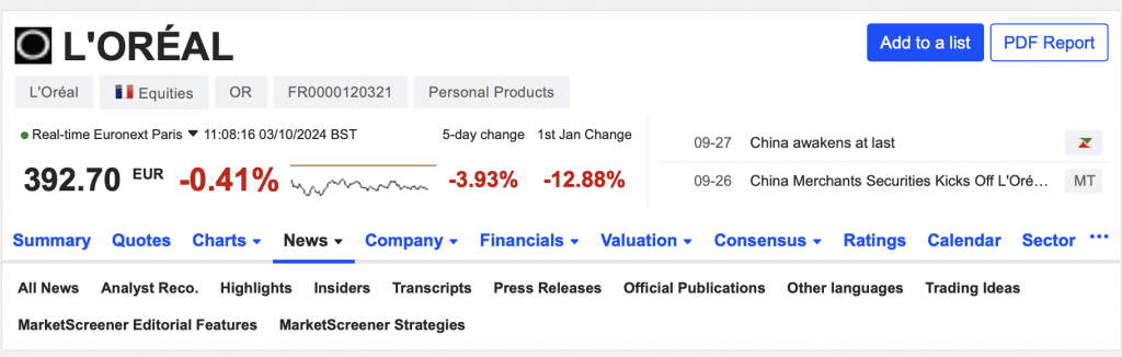 MarketScreener dashboard showing French stock L'oreal