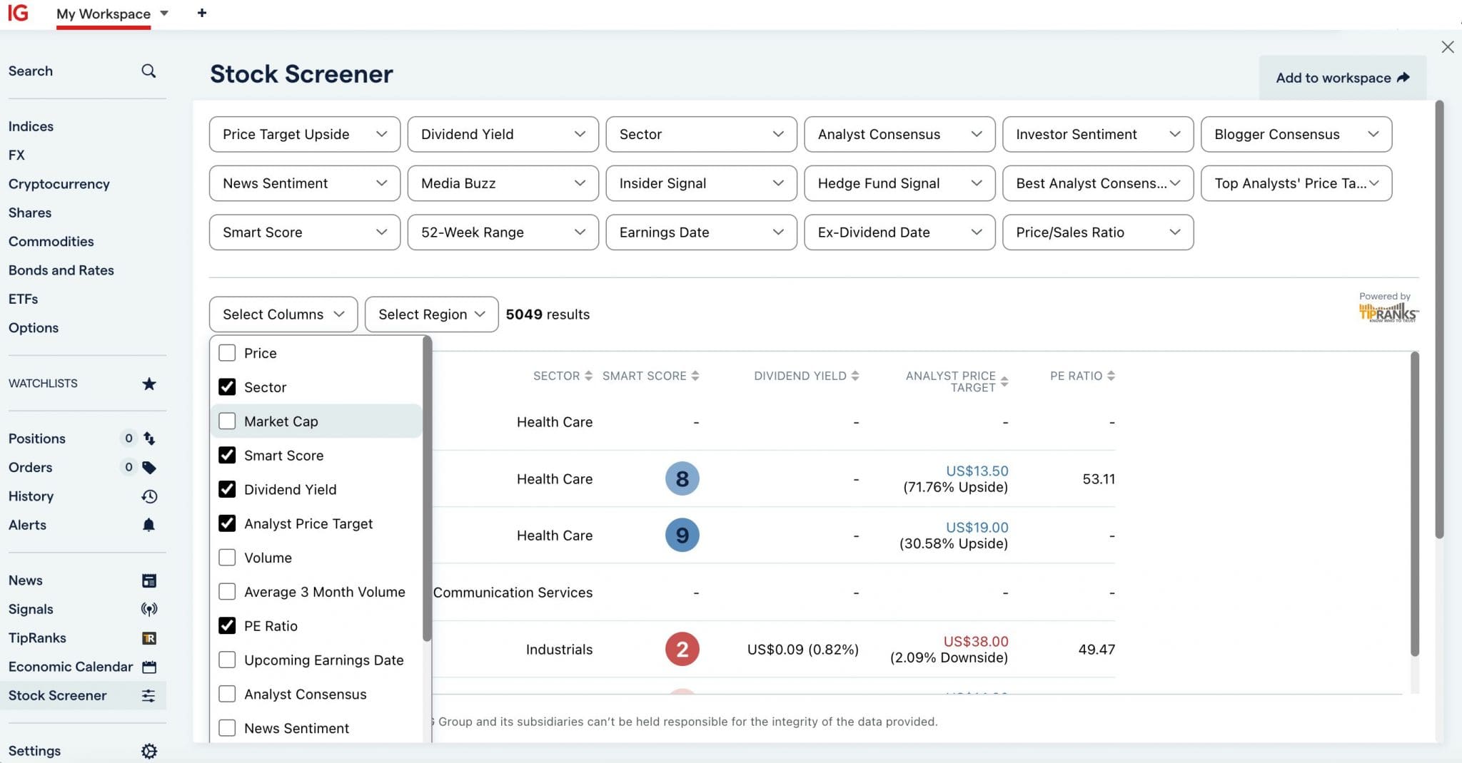 Using IG stock screener to look for penny stocks