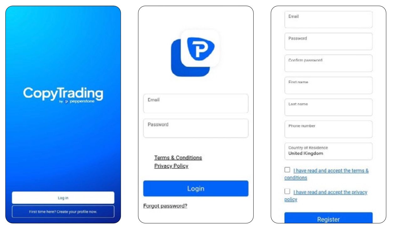 Account sign-up on Pepperstone copy trading app