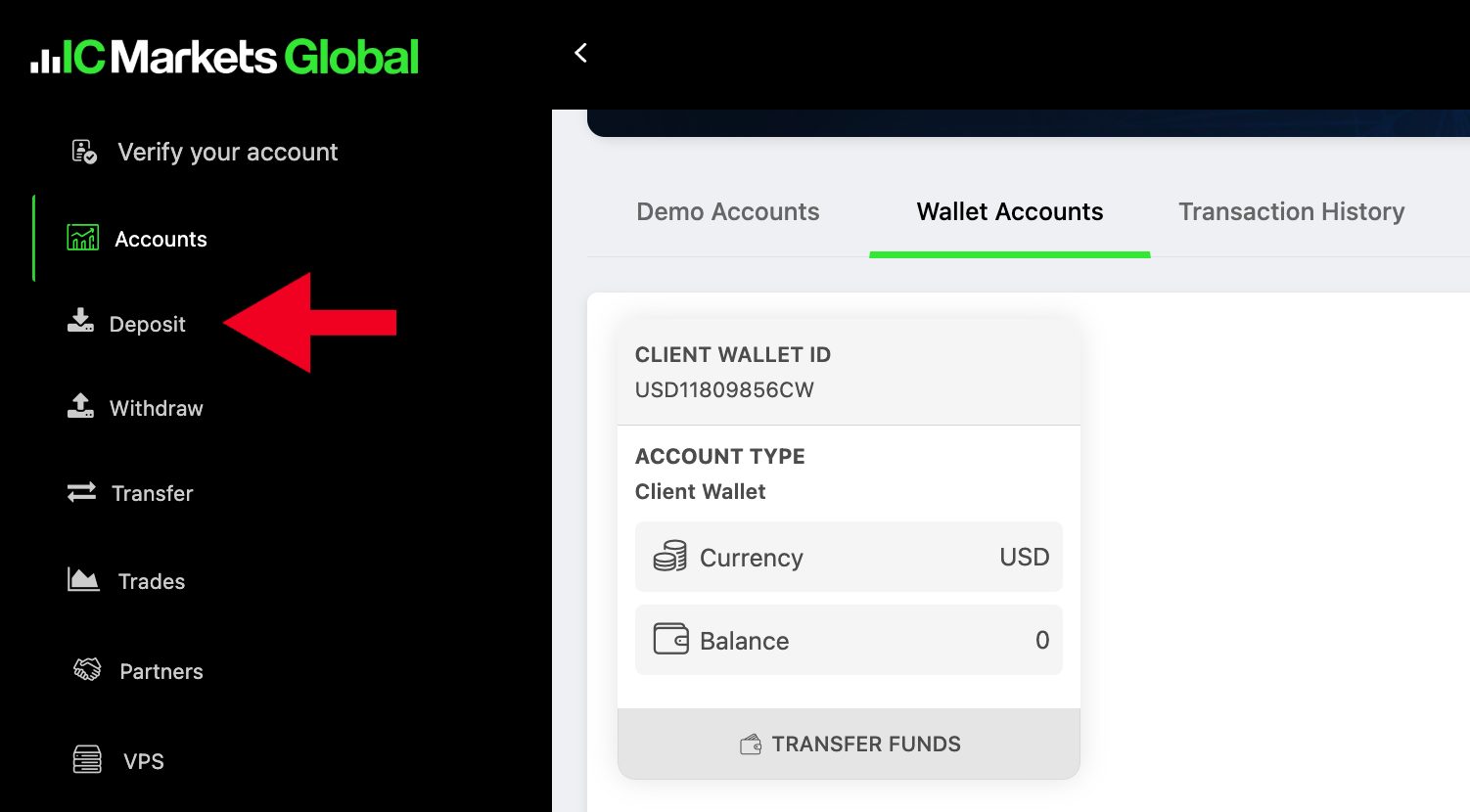 Navigating to cashier portal at IC Markets