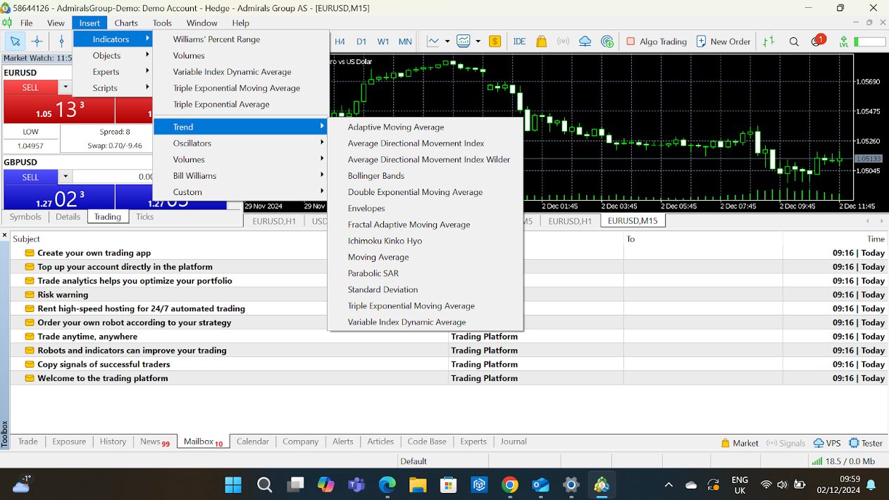 Opening trend tools on MetaTrader 5 platform