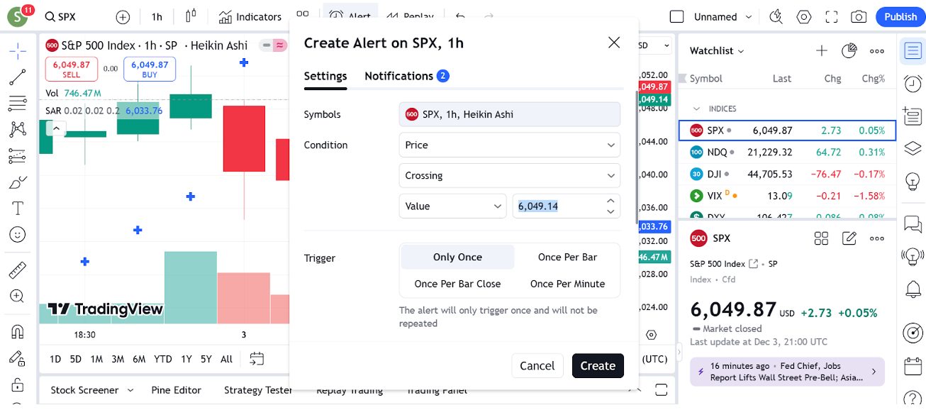 Creating an alert on TradingView