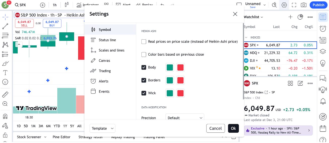 Changing chart settings on TradingView platform