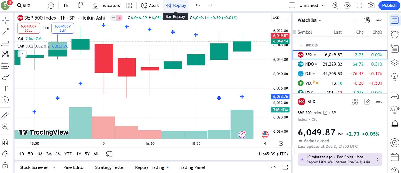 Selecting replay function on TradingView