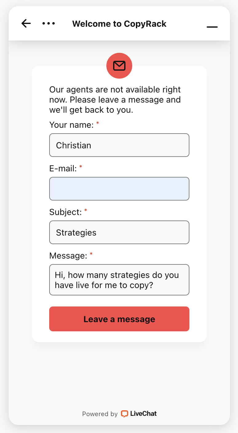 Sending a message to CopyRack's live chat support